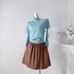 Women Fashion 2026 Early Autumn Matching Suit Retro Lake Blue Mock Neck Knit Blouse High Waist A‑Line Skirt 2 Pieces Outfit