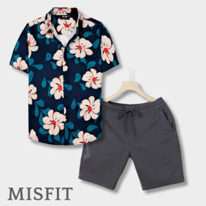 Đồ bộ đi biển nam MISFIT gồm áo sơ mi họa tiết quần short kaki chất mềm co giãn XANHDEN