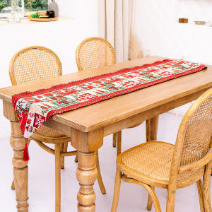 SG Linen Christmas Table Runner with Elk and Santa Claus Pattern for Holiday Decoration