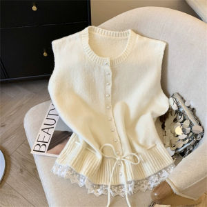 2026 Korean Fashion O Neck Solid Spliced Lace Strap Sweater Women Loose Casual Soft Preppy Style Outwear Vest for Women tops2026