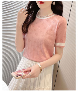 LUCKIN STORE Womens Short Sleeve Knit Tops Sweater Round Neck T-shirt Jacquard Contrast Color Shirt Summer New Blouse
