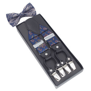 Men Suspenders Set leather  6 Clips Braces with Bow Tie Vintage Casual Suspensorio Trousers Strap Father/Husbands Gift h260606
