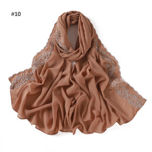 Jifang Embroidery Lucky Four Leaf Clover Flower Floral Lace Brim Plain Bubble Chiffon Shawl Pashmina Head Scarf Wraps Muslim Hijabs Shawls YZ28