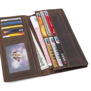 AE In-stock in Europe and America RFID RFID-blocking mens long wallet crazy horse leather card holder with multiple card slots genuine leather bank card holder manufacturer