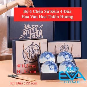 Bộ 6 Chén Sứ Tráng Men Thanh Hoa Hoạ Tiết Hoa Thiên Hương Trang Nhã Tặng Kèm 6 Đôi Đũa Tre Cao Cấp