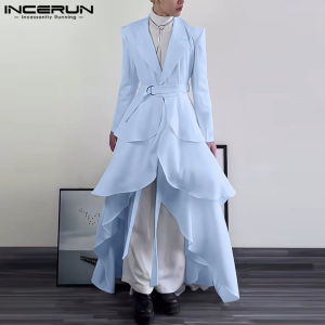 INCERUN Mens Streetwear Long Sleeve Lapel Ruffled Edge Solid Suits Party A-Line Midi Pleated Blazer (Korean Style) #241230
