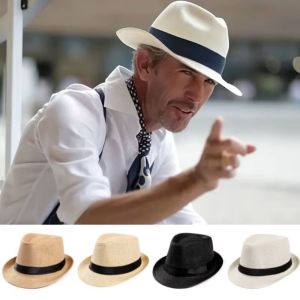 DRESSPLUS Wide Brim Men Straw Hat Vintage Sun Protection Cowboy Jazz Cap Elegant Gentleman Panama Cap