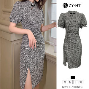 ZY·HT Vintage HanFu Cheongsam Black Floral Printed Retrol Puff Sleeve Pleated Elegant Celebrity Elegant Dinner Formal Dress QiPao Traditional Cheongsam For Women 2024 New 5707 eravogue