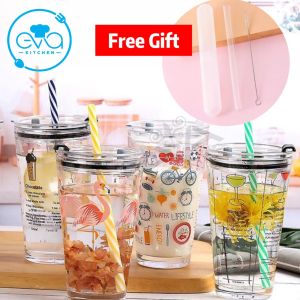 Ly Thuỷ Tinh Chịu Nhiệt In Hoạt Hình Có Nắp Và Ống Hút 400Ml Tặng Kèm Hộp Đựng Ống Hút Và Cọ Rửa SP4727