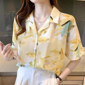 Printed Short Sleeve Blouse For Women Floral Retro trendy Chiffon Shirts Loose Casual Tops