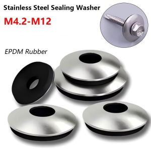 HOTOTO 1Set Rubber Stainless Steel Sealing Washer M4.2 M4.8 M5.5 M6.3 M8 M10 M12 304 Stainless Steel Waterproof Compound Gasket Durable Dustproof EPDM Bonded Sealing Washer for Self Drilling Screws Roofing Construction