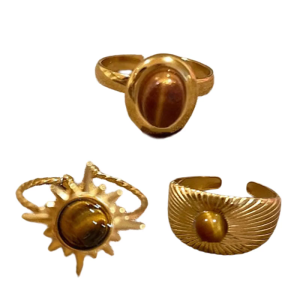 Fashionable Gold Sunflower Ring with Oval Tigers Eye Geometric Adjustable Size Finger Ring Holiday for Women