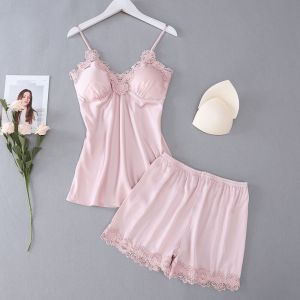 SWEET TIM pajamas for women 睡衣 Ice Silk Lace Pajamas Suit Sleeveless V-Neck Two Piece Sleepwear Sets Fashion Female Home Clothes Sling Shorts Nightwear Female