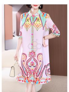 ☏┅❈ Aiden001 Mom Summer Print Dress Pleated Plus Size Loose Fitting High Stretch Non-Iron Women Shirt Dress E4220