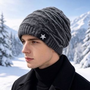 FELIZ Fleece Lined Slouchy Beanie Hat Faux Rabbit Fur Thickened Knit Warm Knit Hat Striped Texture Cuffed Beanie Winter Wear