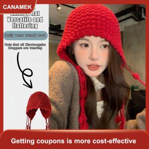 【CANAMEK】 Ngọt ngào handmade mùa thu mùa đông dệt kim Beanies hat len ấm tai bảo vệ hat Windproof tua Áo Thun hat