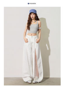 Women Jeans Pants Baggy Jeans Spring Flare Trousers Lace Applique Crystal Wide Leg Pearl Slit Distressed Design2026