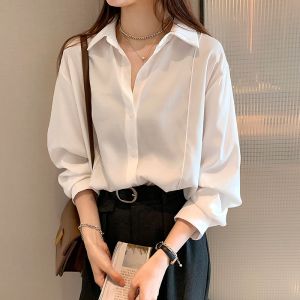 M-4XL Oversize Korean Style Plain Shirt for Women Casual Long Sleeve Blouse Top