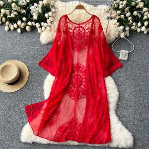 Boho Holiday Beach Summer Cardigan Women Lace Sheer Floral Embroidery Female Cardigans Causal Elegant Long Coat Dopshipping H260729