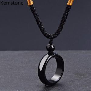 Kemstone Fashion Black Agate Circle Ring Pendant Rope Necklace Jewelry Adjustable