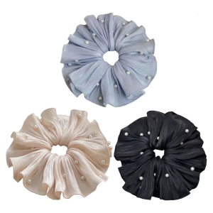 Hiện đại quá khổ scrunchie trong Pleated vải và ngọc trai chi tiết ngọc trai tôn tạo Phụ kiện tóc cho sự kiện