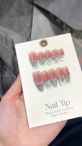 【HANDMADE+Free Glue】Press on Nails Red Blue Blush Gradient Cat Eye French Girl 3D Bow Phototherapy Fake Nail Patch Artificial Nail Reusable