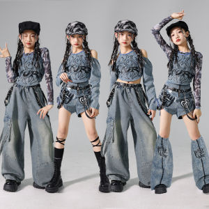 Cô gái K-pop Denim crop top Đường phố Khiêu vũ chở hàng Quần jean trẻ em Quần đùi Jazz Quần đùi Bộ quần áo Trẻ em Thời trang dạo phố Trang phục sân khấu2026