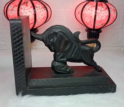 VINTAGE BULL HAND CARVED PURE WOODEN BOOK SHELF ORGANIZER - JAPAN