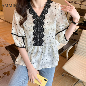 AMMIN Korean style womens short-sleeved lace lace V-neck printed chiffon Tops fashionable temperament all-match lantern sleeves elegant hem doll shirt casual floral Blouse