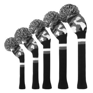 Scott Edward Golf Club Head Cover Set 5pcs with Knit  Fluffy Pom Pom Head Double Layers Elastic Yarn for Driver Fairway*2 Hybrid*2Protect Golf Club from Scratches and DustDecorate Golf Bags