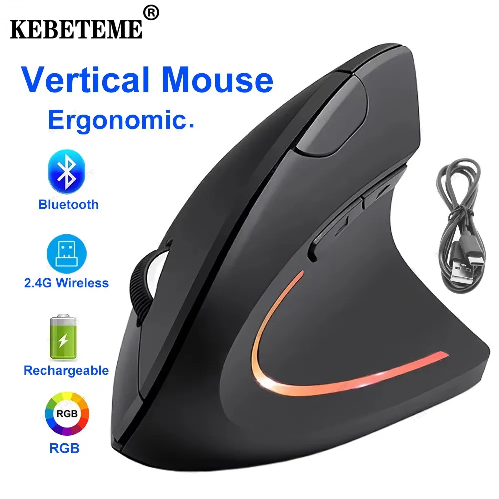 KEBETEME Vertical Mouse Ergonomic Mouse Dual Mode Wireless Mouse 2.4G Bluetooth Mice RGB 1600 DPI Silent Mouse for PC Laptop Desktop