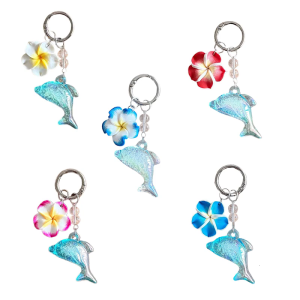 พวงกุญแจรูปปลาโลมาขี้เล่นตัวห้อยทำจากพลาสติกประดับลวดลายดอกไม้เหมาะสำหรับนักเรียนผู้หญิง