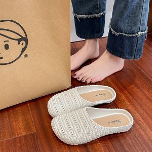 Woven Textured Closed-toe Half Slippers Black and White Casual Slippers