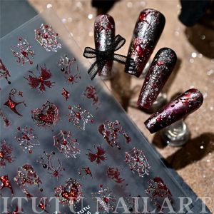 FenHuan Halloween ทำเล็บมือแฟลชฮาโลวีนมืดโรแมนติกลำแสงที่สวยงามแมงมุมผ้าไหมสีแดงผีเสื้อรักเซ็กซี่หักเพชรสีแดงแมงมุม Cyberpunk สติกเกอร์เล็บที่สวยหรู. Nail Art