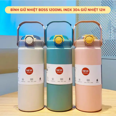 Bình giữ nhiệt Boss 1200ml cao cấp inox 304 giữ nhiệt 8-12h nhám chống trầy xước quai xách kèm ống hút tặng sticker 2D.
