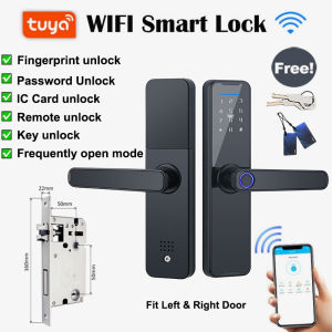 YJT WIFI smart door lock main door fingerprint door knob smart lock for bedroom Tuya App Remote Unlocking electronic door lock with fingerprint / Password / Key / IC Card digital door lock with Anti-lock for right and left open door