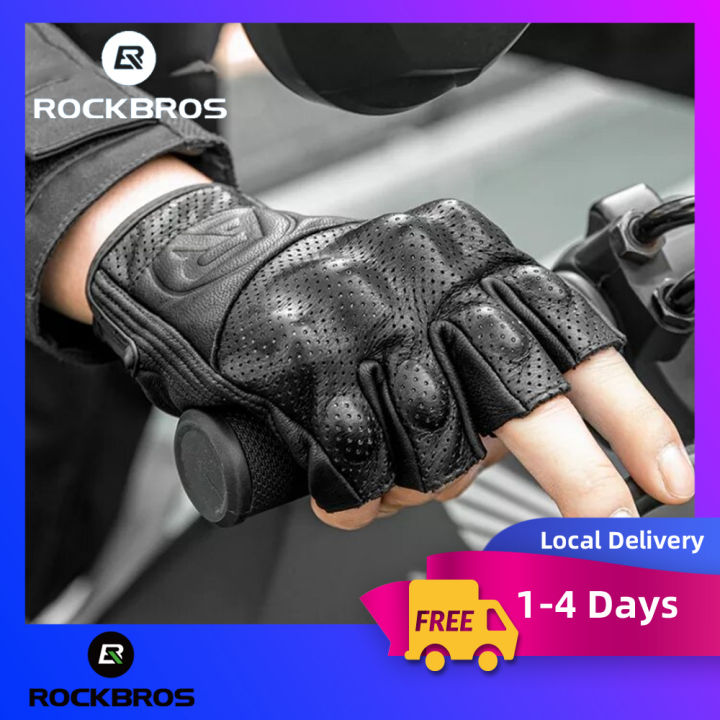 【Local Delivery】ROCKBROS Leather Half Finger Gloves Shock Absorbing Gel  Filled Motorcycle Gloves Breathable Anti-slip MTB Gloves Cycling Equipment 