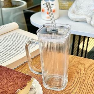 Ins Glass Cup With Straw Handle 250ml Glass Tumbler For Coffee Tea Water Wine Milk Juice Matcha Portable Crystal Glass Bottle With Straw