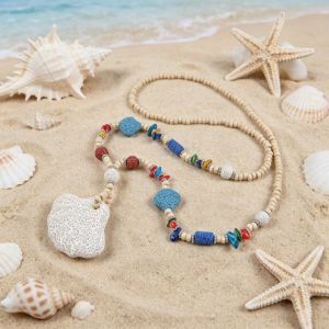 MEEU Colorful Beaded Pendant Necklace Adjustable Long Chain Starfish Clavicle Chain Style Geometric Shape Volcanic Rock Necklace Summer Wear