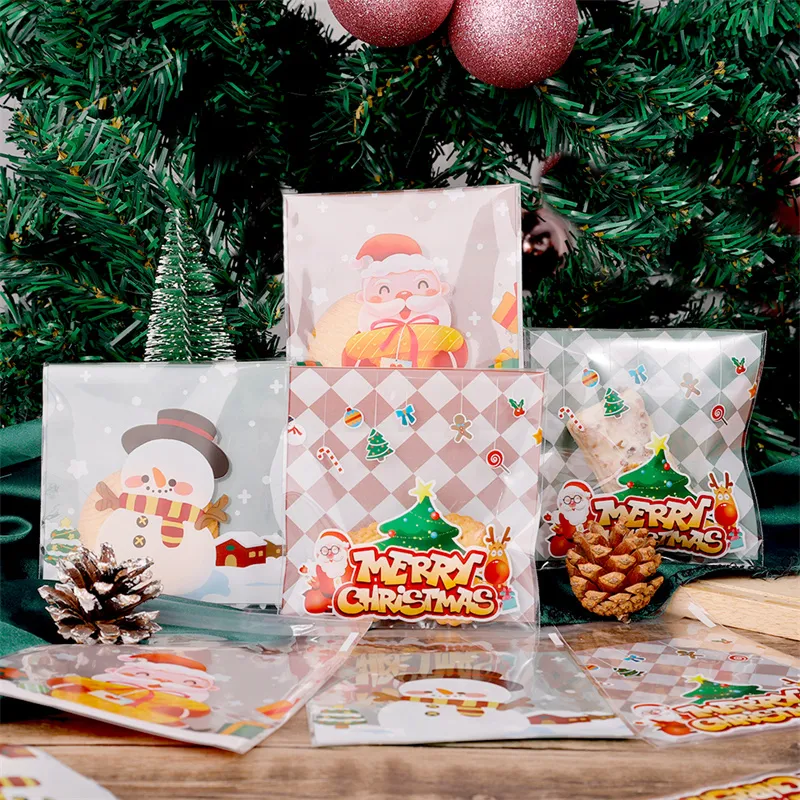100Pcs Self Adhesive Christmas Cookie Candy Bags Santa Claus