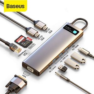Baseus USB C Hub to HDMI-Compatible VGA USB 3.0 Adapter for MacBook Pro Air PD RJ45 SD Card Reader 9/11 in 1 USB Type C Hub Dock