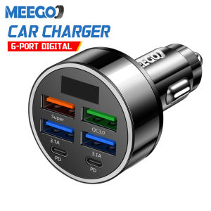 MeeGoo USB 5 In 1 Car Charger 5 Ports PD Fast Charging USB Type C Phone Adapter Chargers LED Display Monitors Car Battery Voltage 12V 24V Auto Phone Charging Converter Pemuatan kereta 5合1车载充电器