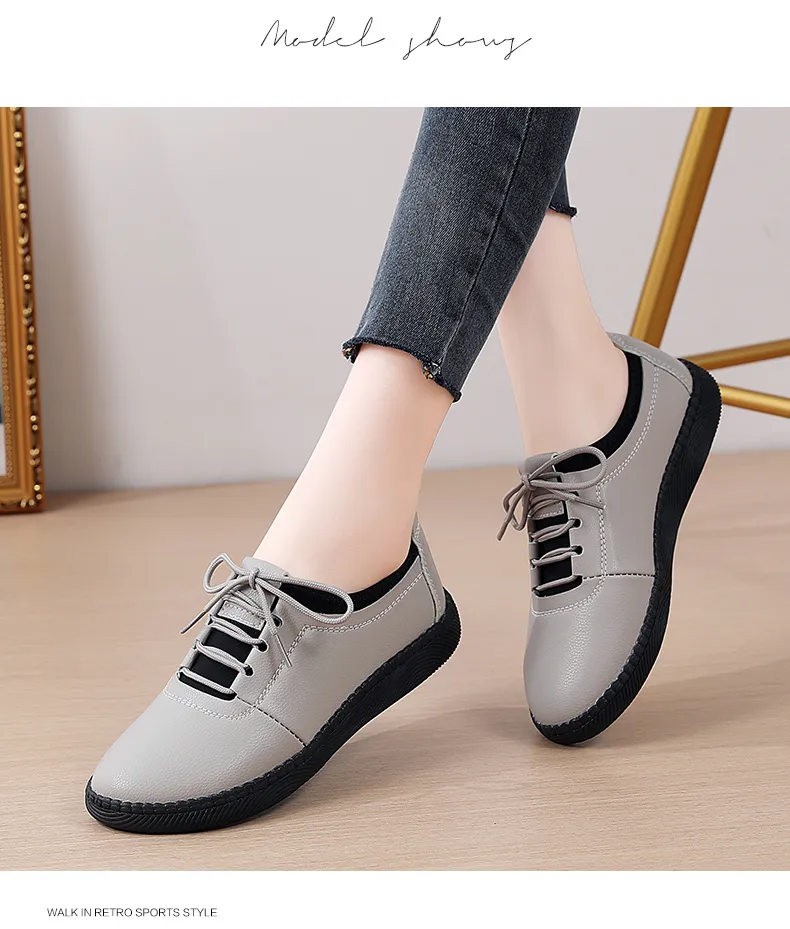VIWANA Flat Shoes For Women Korean Style Leather Black Casual