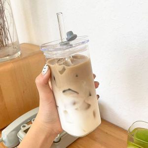 26oz/768ML Glass Water Cup Drink Mug with Straw and Lid Juice Milk Tea Coffee Cold