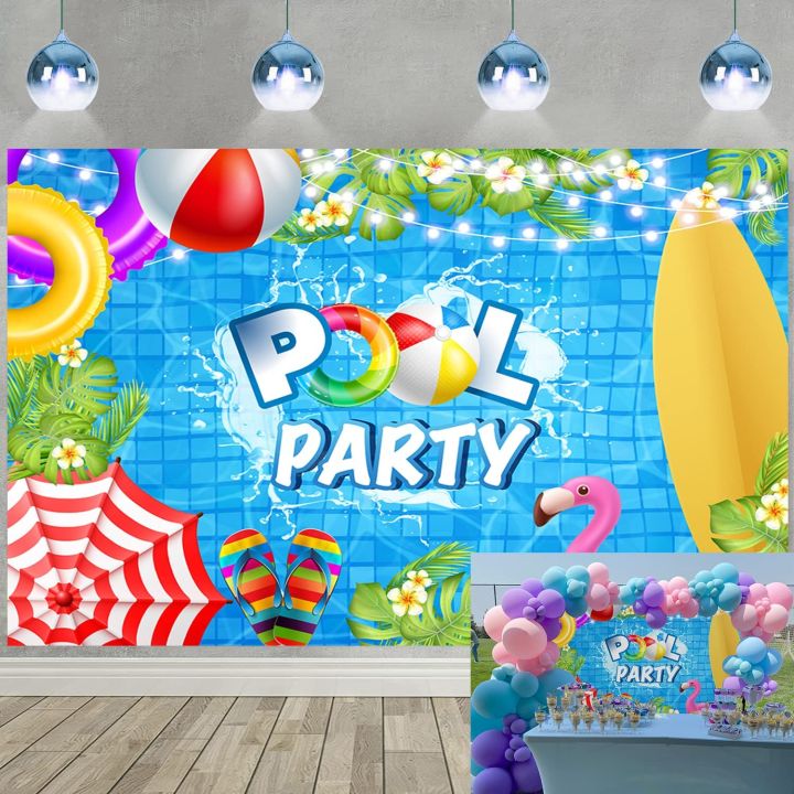 Pool Party Backdrop Summer Beach Ball Swim Ring Surfboard Tropical Palm  Tree Flower Flamingo Flash Photography Background Baby Shower Birthday