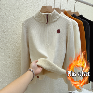 One-Piece Fleece Zipper Half Turtleneck Sweater for Women Thickened Base Shirt New Autumn Winter Knitted Top pullover