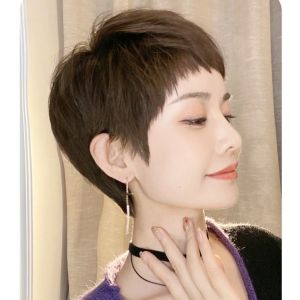 Full Human Hair Wig with Dog-Ear Bangs - Short Style Haircut for Women | Fashionable Full Head Wig