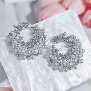 Sequito lấp lánh cô dâu trang sức tai Pave thiết lập vòng AAA Zirconia mạ vàng trắng Hình dạng mặt trăng ngọc trai lớn khuyên nụ tiệc cưới phụ kiện quần áo se880