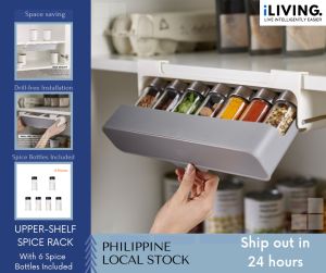 iLIVING Spice Rack Organizer with 6 Spice Bottles Included Upper or Under Shelf Space Saving Rack
