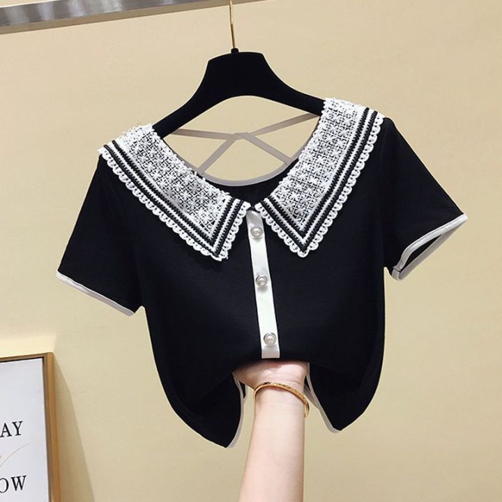 Black Blouse Women Short Sleeve Korean Shirt Summer Fashion Casual Tops